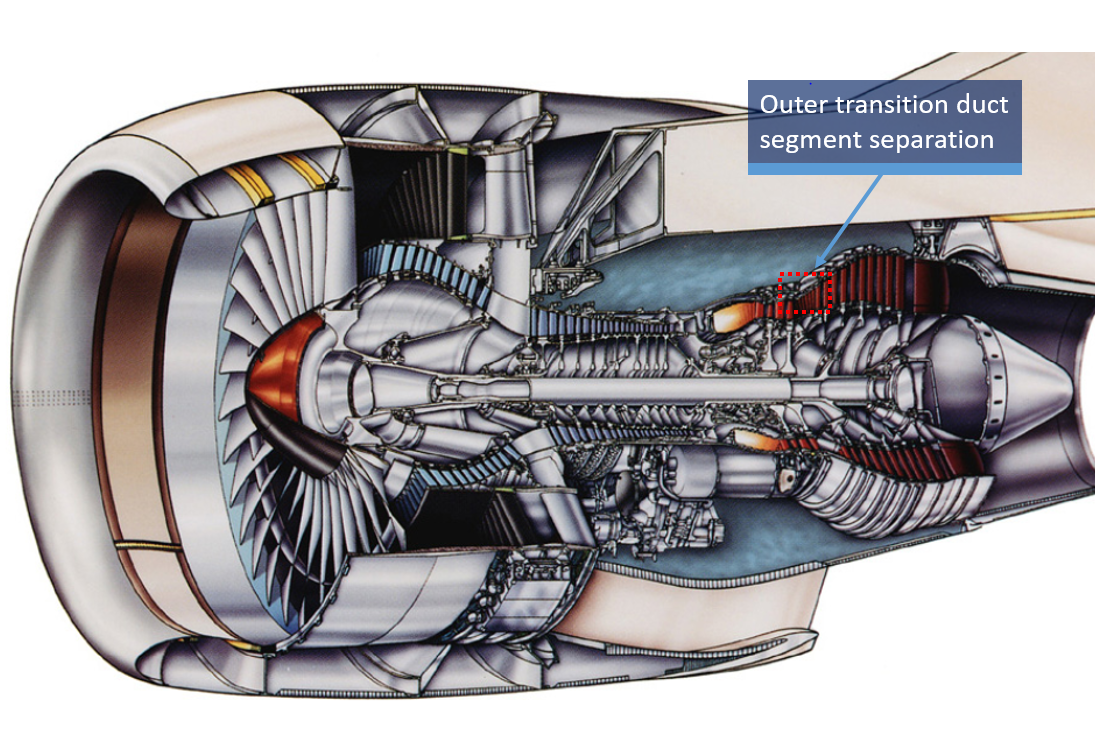 Figure 1: Cutaway view of the PW4170 showing outer transition duct location. Source: Pratt &amp; Whitney, modified by the ATSB