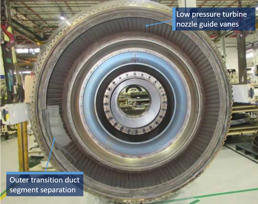 Figure 2: Front view of low pressure turbine section showing the outer transition duct segment separation and movement into the low pressure turbine airflow path. Source: Pratt &amp; Whitney, modified by the ATSB