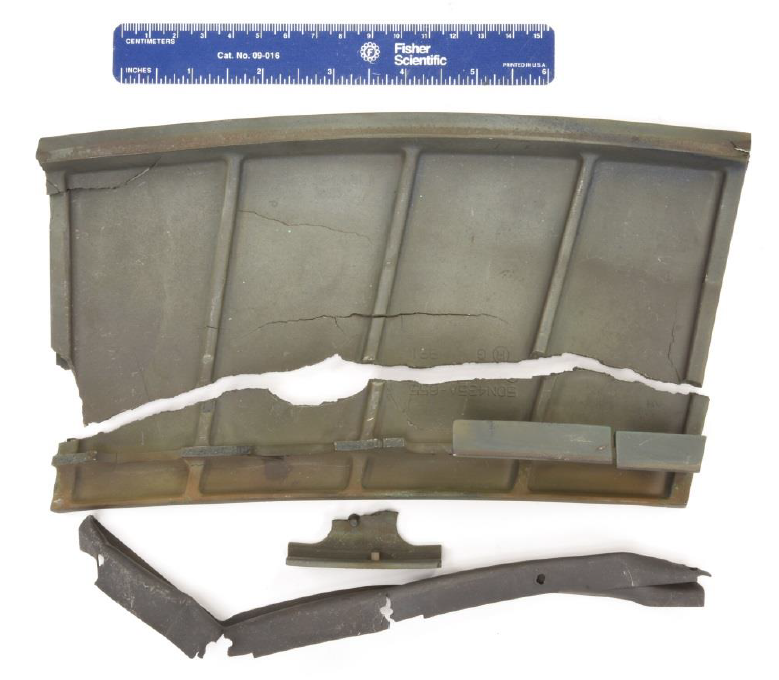 Figure 3: Non gas path side of the failed number 5 outer transition duct sections. Source: Pratt &amp; Whitney