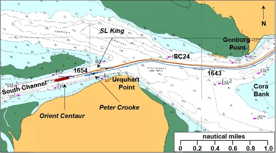 Figure 2: Orient Centaur passing Urquhart Point and entering the South Channel. Source: Orient Centaur VDR, annotated by ATSB