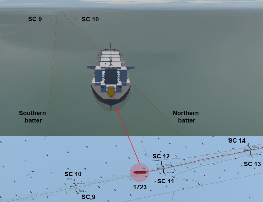 Figure 4: Orient Centaur aground in the South Channel at 1723. Source: Orient Centaur VDR, annotated by ATSB