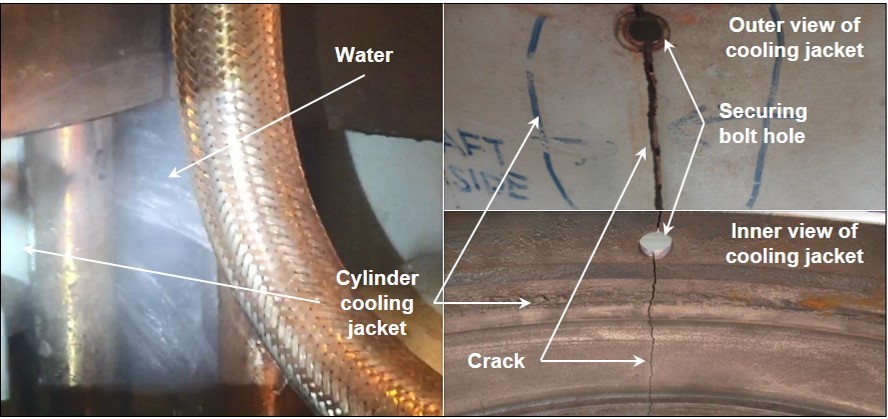 Figure 7: Cylinder cooling jacket failure and crack (after cleaning). Source: Interorient accident investigation report annotated by ATSB