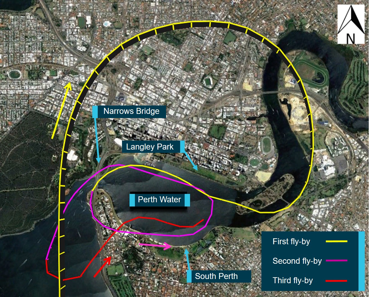 Figure 2: CQA air display flight track, showing the first pass in yellow, the second in magenta and the third in red. Source: Google Earth, modified by the ATSB