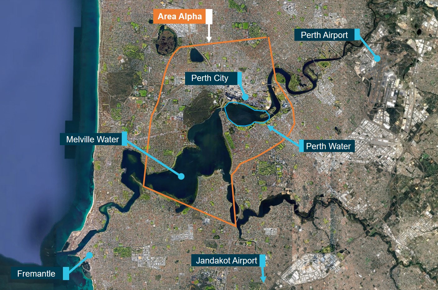 Figure 7: Google Earth image showing approximate location of Perth Water within Area ALPHA. Source: Google Earth, modified by ATSB