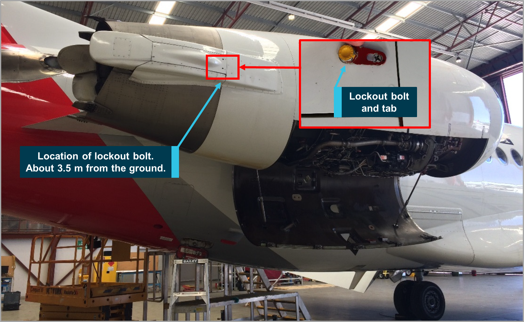 Figure 3: Photograph of right engine with an exemplar in-service thrust reverser lockout bolt. Source: Operator, annotated by ATSB.