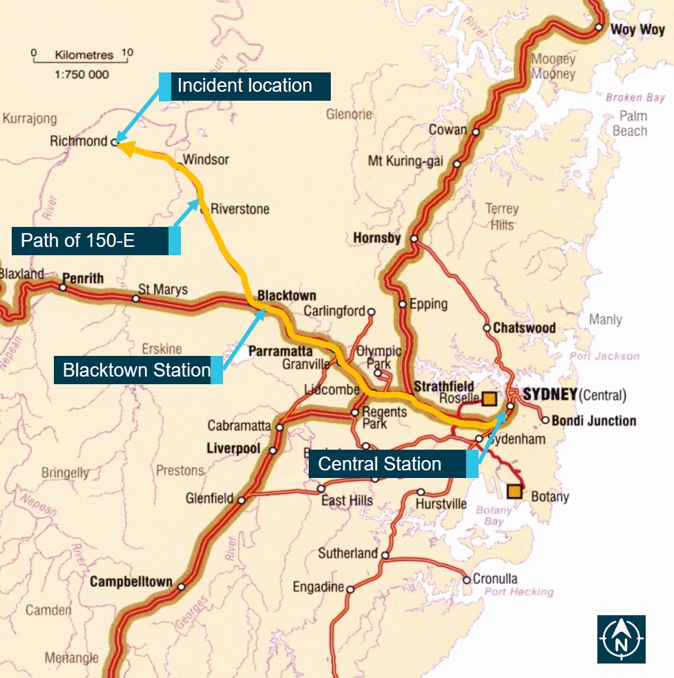Figure 1: Location Map. This map shows the path of run 150-E from Central to Richmond Station and the major railway lines in the Sydney metropolitan area.
Source: Geoscience Australia, modified by the ATSB