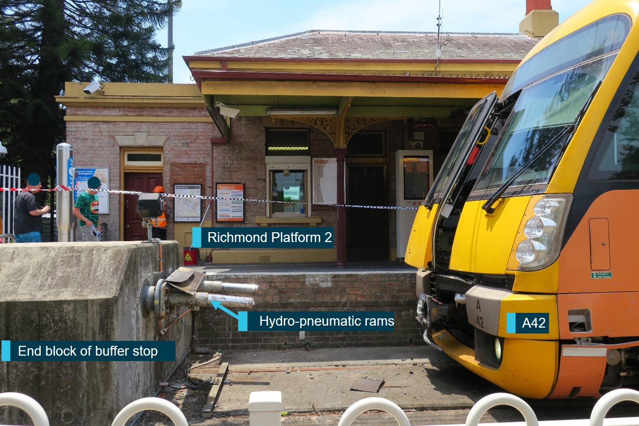 Figure 3: Platform 2 buffer stop and front of A42. This figure shows the post-collision damage to the buffer stop on Platform 2 and the front of A42.
Source: ATSB