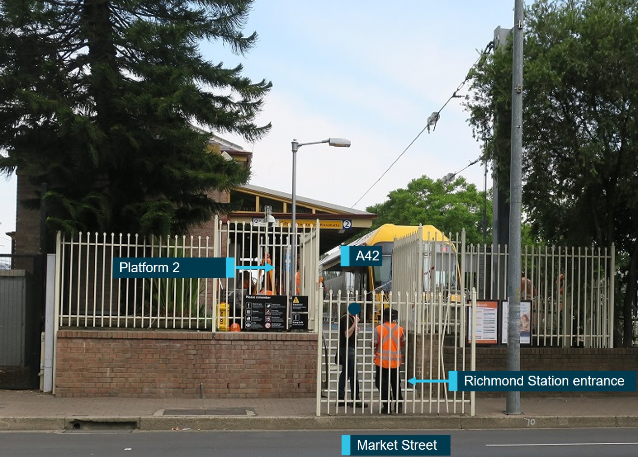 Figure 4: Richmond Station. This figure shows the street entrance to Richmond Station and the location of A42 post-collision in proximity with the pedestrian footpath on Market Street.
Source: ATSB