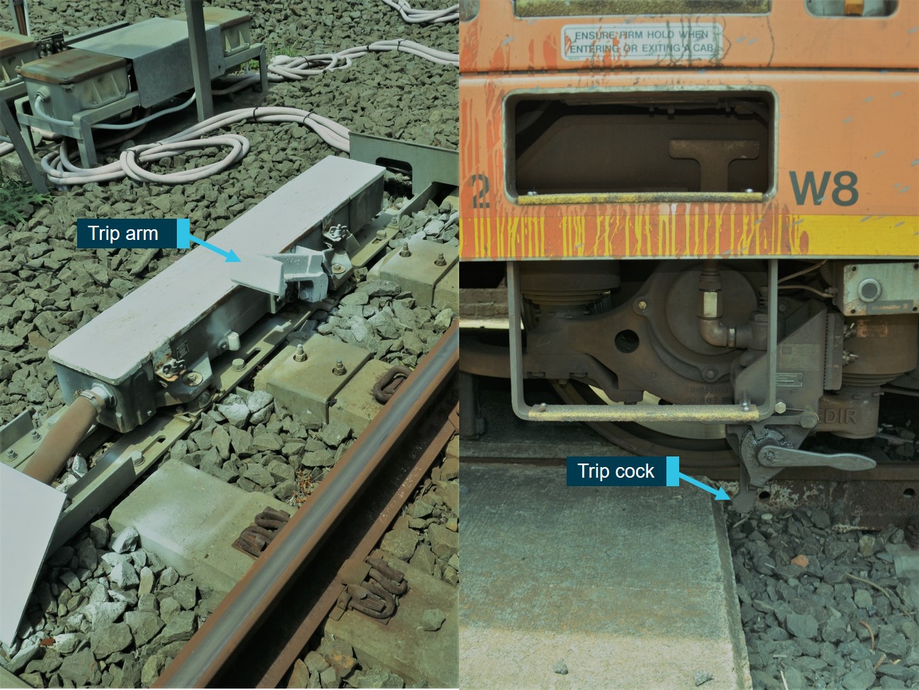 Figure 13: Signal train stop system.
This figure shows the trip arm next to signal RD5 at Richmond (left) and the trip cock on A42 (right).
Source: ATSB