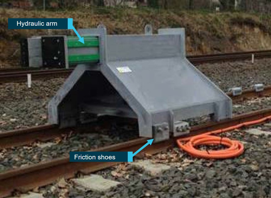 Figure 17: Combination hydraulic and friction buffer stop.
This figure shows an energy-absorbing combination of hydraulic and friction buffer stop. It has friction shoes designed to stop or slow the train upon impact. The front of the buffer stop has a hydraulic arm with a rubber face coupling arrangement.
Source: TfNSW with annotations by ATSB
