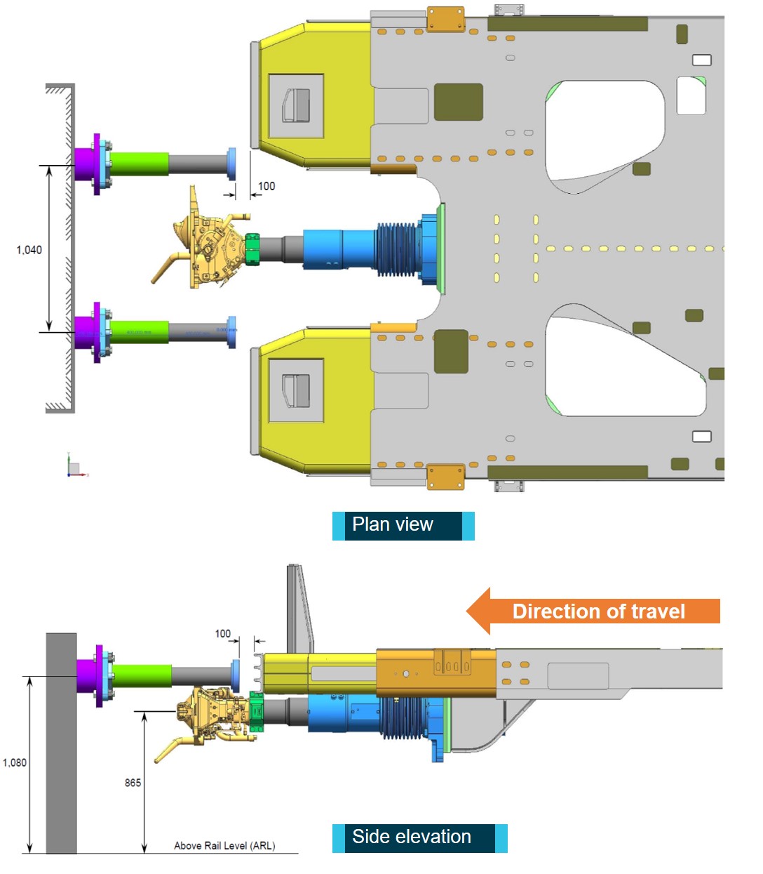 Figure 18: Richmond buffer stop and front CEMS of A42.
This figure shows the plan view and side view of the Richmond buffer stop and the front of train CEMS of A42 just before contact.
Source: Downer with annotations by ATSB