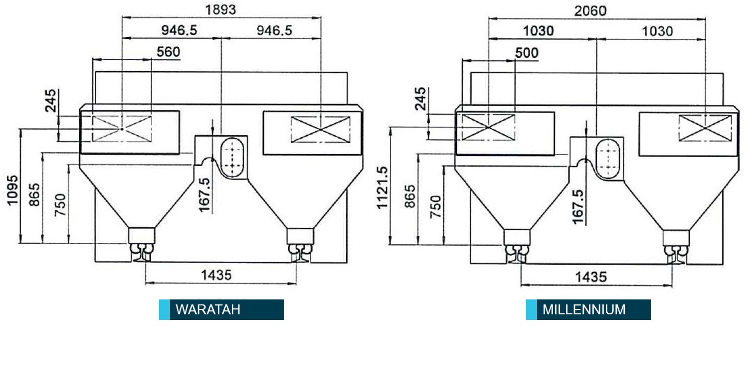 Figure 20: Redesigned buffer stop for Waratah and Millennium trains.
This elevation drawing shows the differences in design of the front buffer beam for the Waratah and Millennium trains. 
Source: Sydney Trains