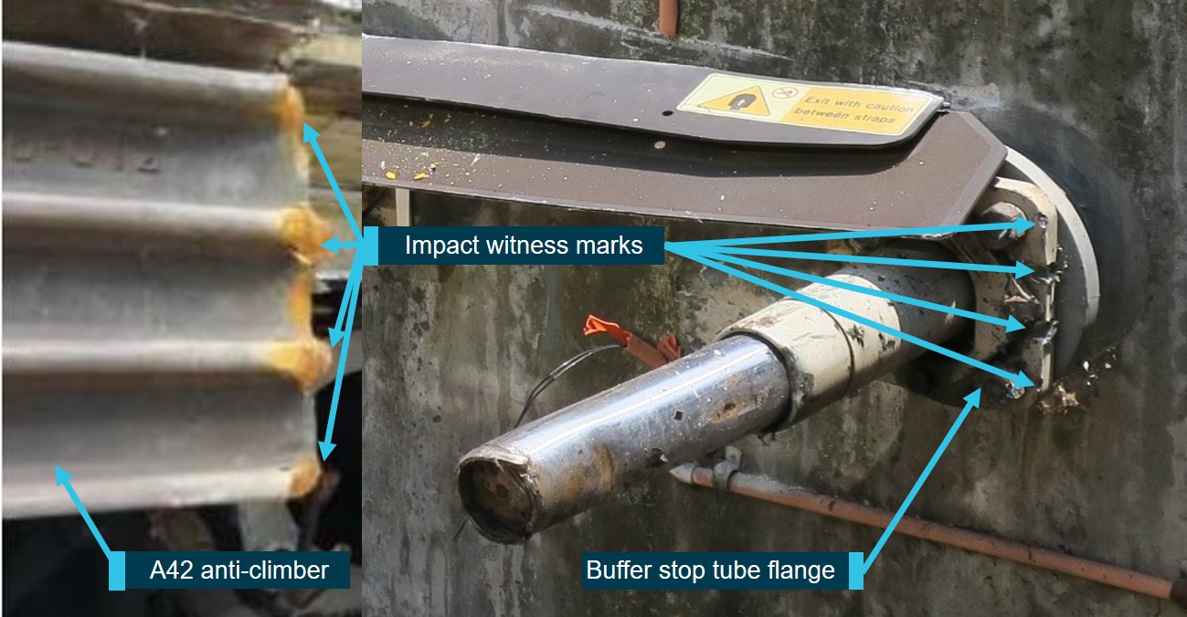 Figure 26: Damage from impact with anti-climbers.
This figure shows the damage to the buffer stop tube flange (Right side) following contact with A42’s RHS anti-climber (Left side) and the corresponding damage to the RHS anti-climber edge.
Source: ATSB