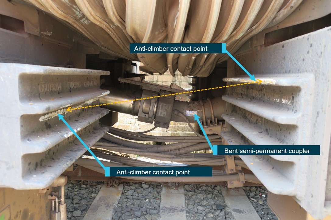 Figure 28: Bent semi-permanent coupler.
This figure shows the bent coupler between the first and second cars (D6342 and N5342) and also the contact witness marks on the anti-climbers.
Source: ATSB