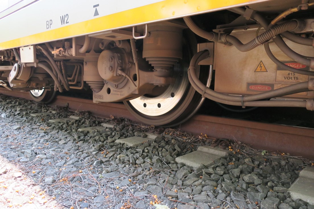 Figure 30: Derailed wheels.
This figure shows the derailed wheels on the bogie on the No.1 end of the fifth car (T6642) (non-platform side).
Source: ATSB