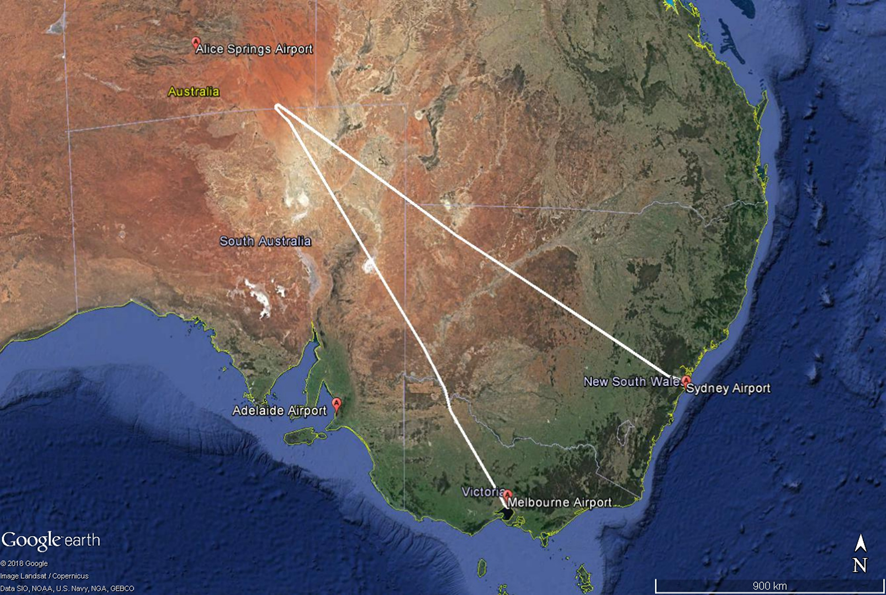 Figure&nbsp;1: XAX221 flight path. Source:  Google earth, modified by ATSB.