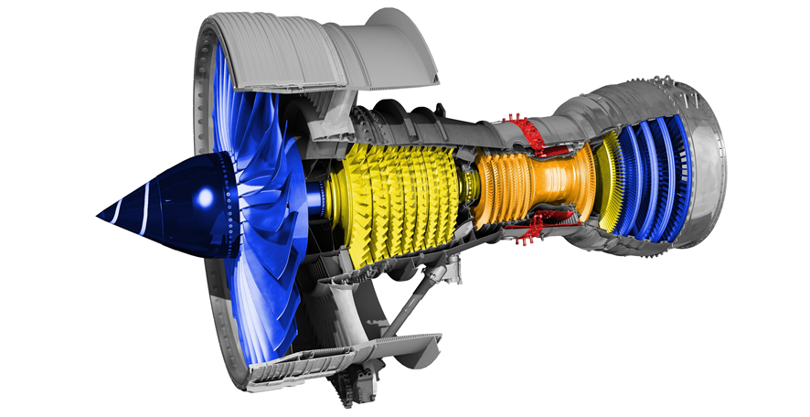 Figure 4: Trent 700 cutaway diagram.<br />
The cutaway identifies the low-pressure assembly (blue), the intermediate-pressure assembly (yellow), the high-pressure assembly (orange) and the combustion chamber (red).<br />
Source: Rolls-Royce, modified by ATSB.