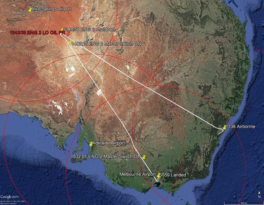 Figure&nbsp;5: XAX221 flight track, with 430&nbsp;NM range circles.The flight track of XAX221 is displayed, as are 430 NM range circles from the company preferred alternates of Melbourne, Adelaide and Alice Springs aerodromes. The positions of the ENG2 OIL LO PR warning and the two engine relight attempts are also shown.Source: Google earth, modified by ATSB.