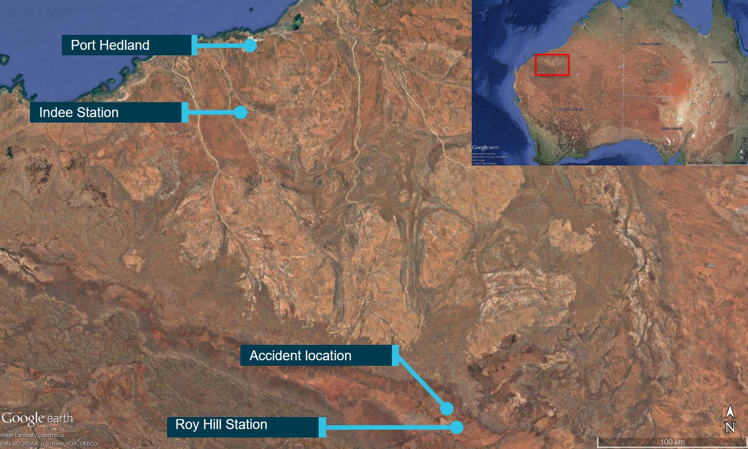 Figure 1: VH-JEW accident site location, near Roy Hill Station. Source: Google earth, annotated by the ATSB