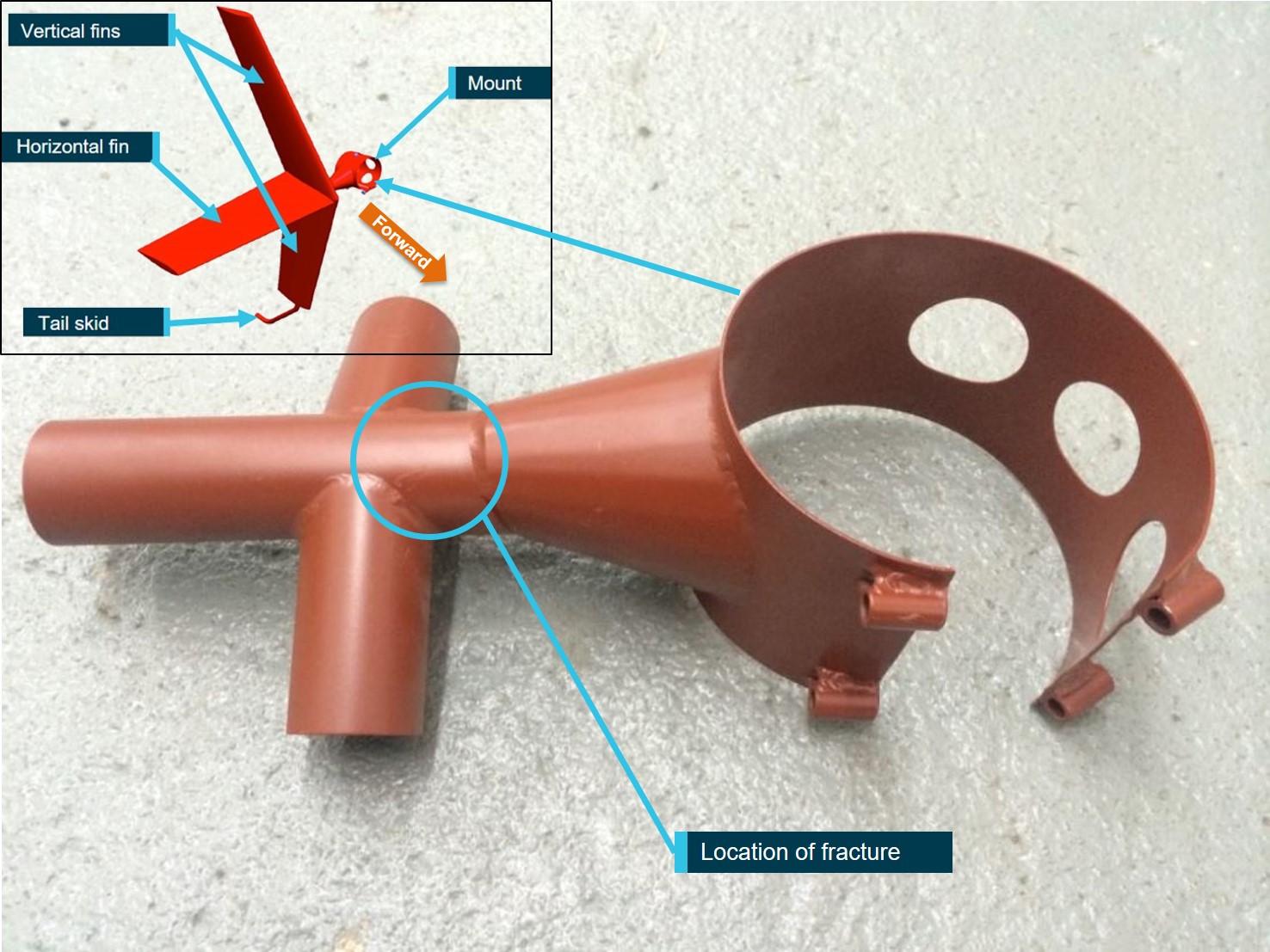Figure 3: Stabiliser assembly showing location of fracture on VH-JEW. Source: Cicaré, modified by the ATSB