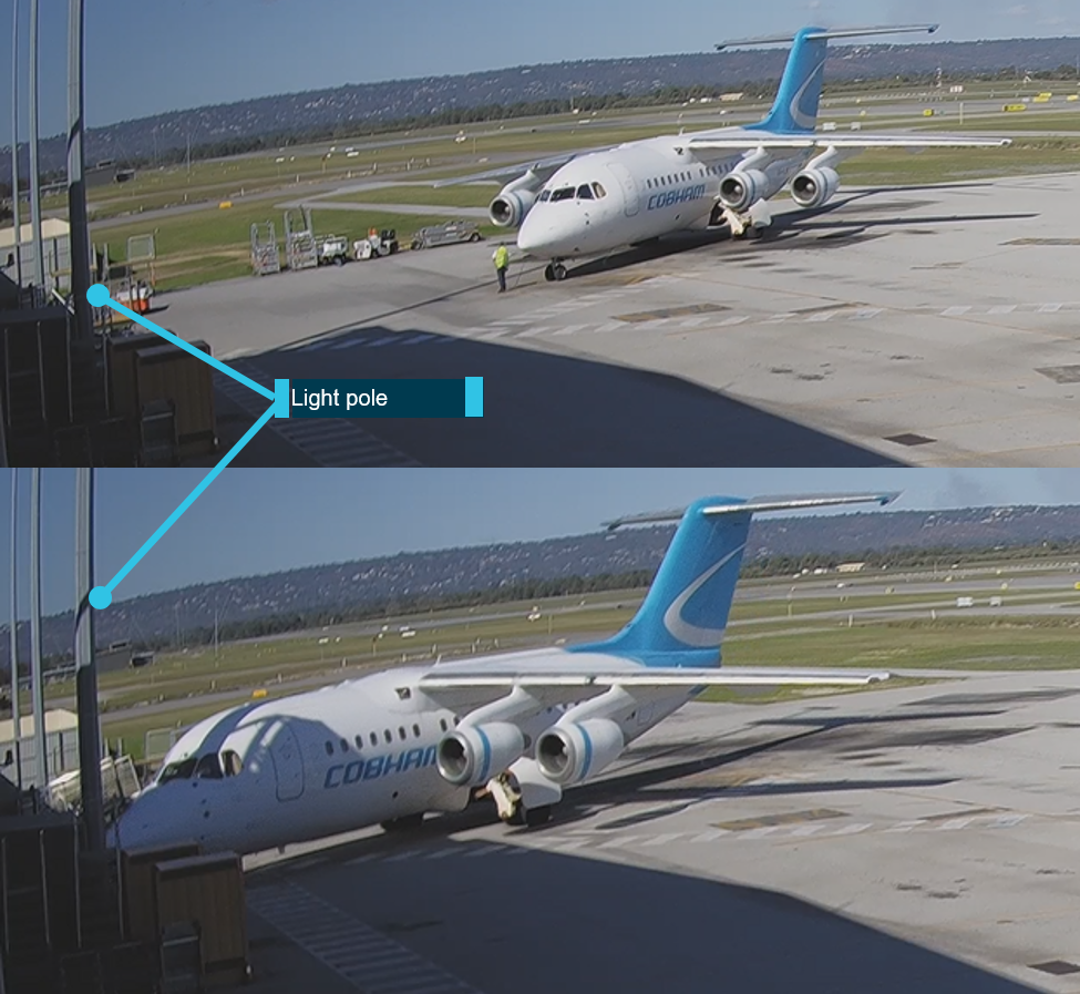 Figure 1: CCTV showing start of roll-forward (top) and collision with infrastructure (bottom). 
Source: Cobham, Original image cropped and annotated by ATSB