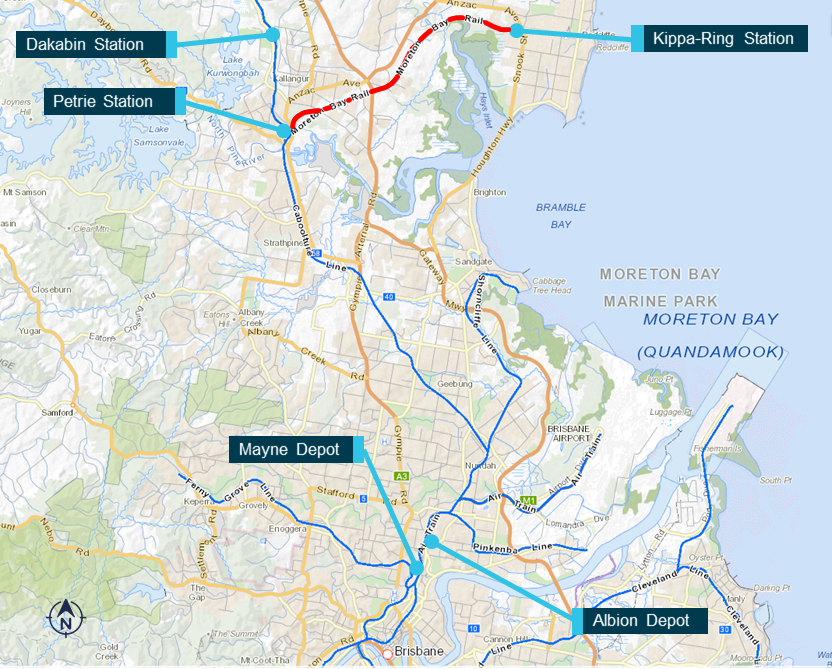 Figure 1: South-Eastern Queensland rail lines north of Brisbane. 
Source: Australian Government National Map, annotated by ATSB