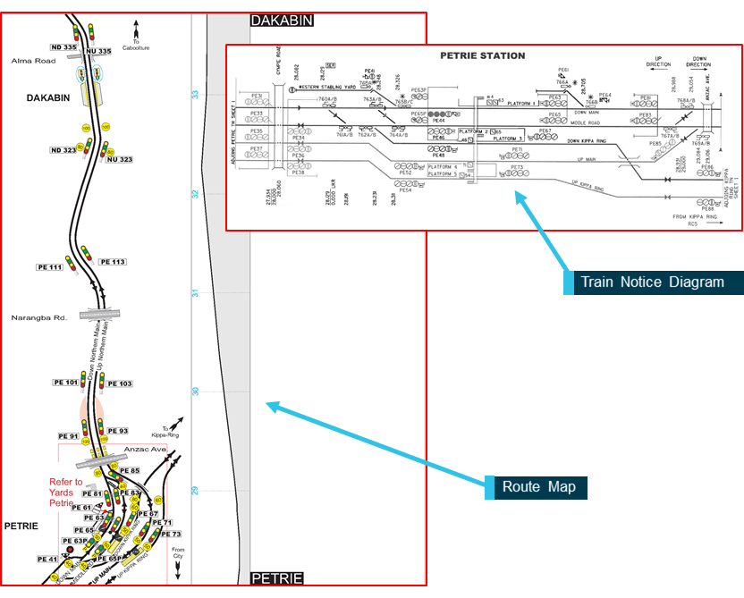 Figure 8: Queensland Rail Train Notice Diagram and Route Map sample.
Source: Queensland Rail, annotated by ATSB