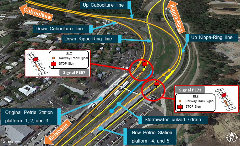 Figure 12: Petrie Station, showing placement of permanent way protection equipment for Kippa-Ring line closure.
Source: Google Earth, annotated by ATSB