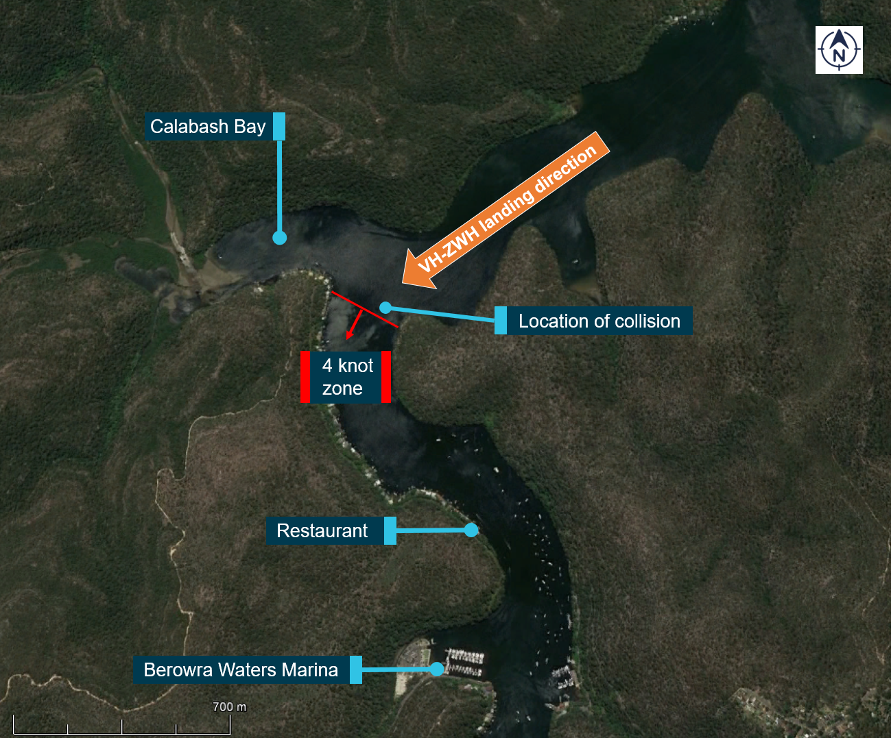 Figure 1: Image of the Berowra Waters area showing the location of the collision, the landing direction of VH-ZWH and significant landmarks.Source: Google earth annotated by the ATSB.