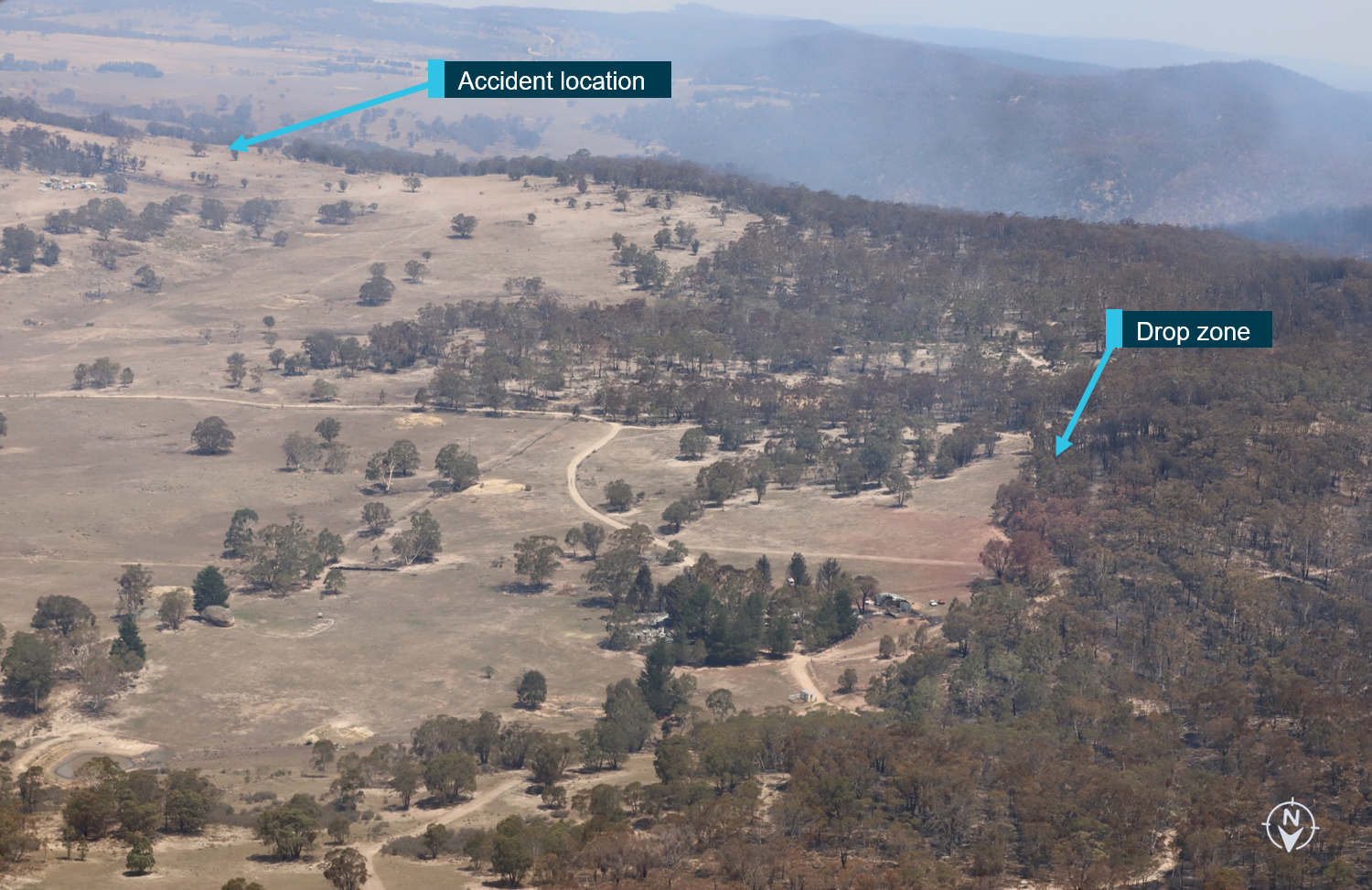 Figure 2: Overview of the drop zone (red fire retardant) and accident location.Source: ATSB