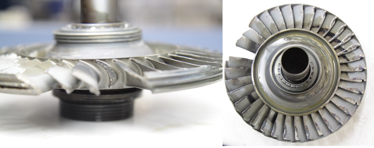 Third-stage turbine wheel removed from VH-SEV showing damageSource:  ATSB