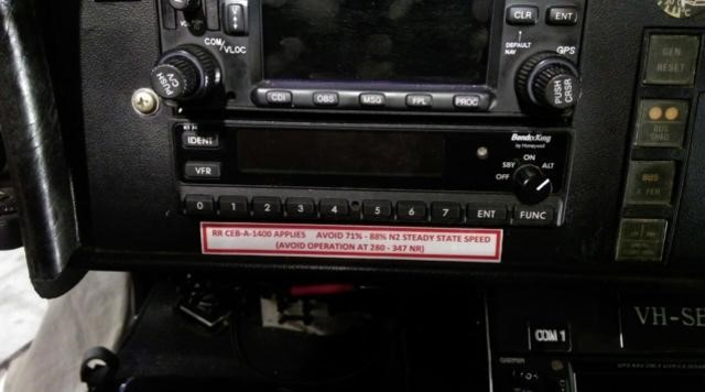 Figure 3: VH-SEV instrument panel showing decal with speed avoidance range.Source: Rotor Head