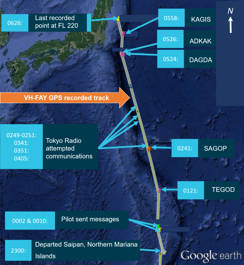 Figure 2: VH-FAY GPS recorded track.<br />
Source: Aircraft operator, Google Earth – annotated by ATSB