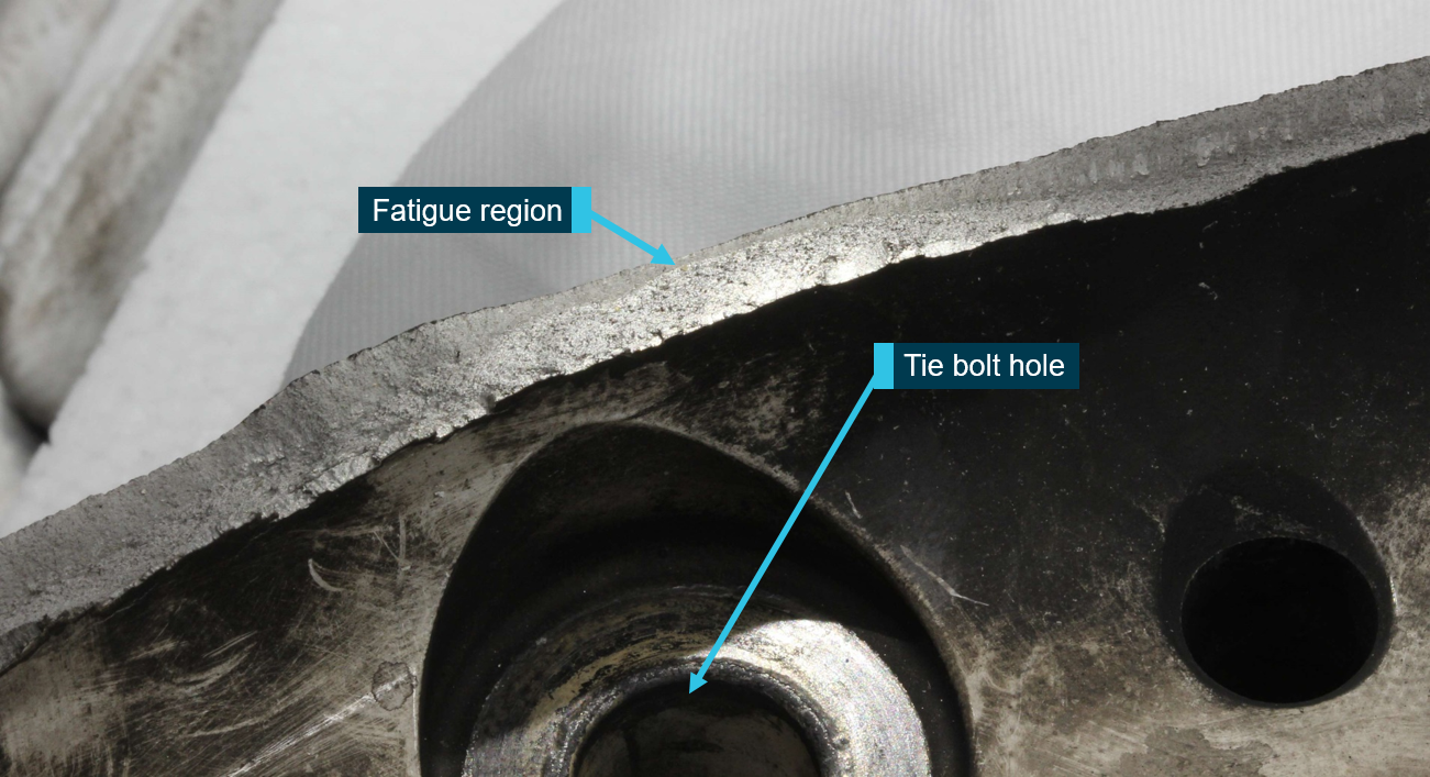 Figure 3: Outboard fracture surface on the inner half-wheel, with a fatigue region.Source: ATSB