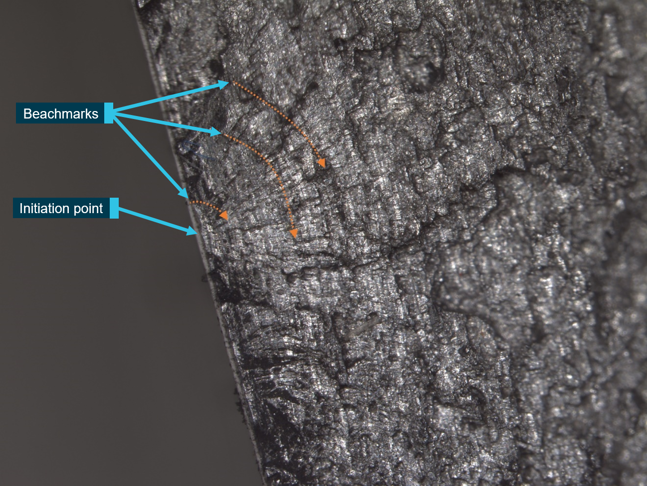 Figure 4: Fracture morphology of one of the fatigue cracks through the fractured inner half-wheel.<br />
Source: ATSB