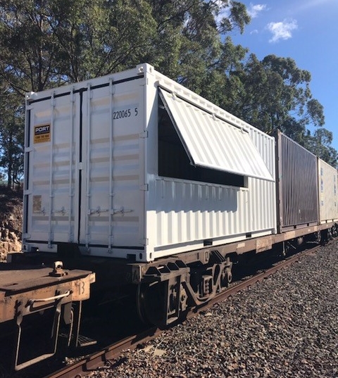 Figure 2: View of the container with the open ‘door’ and ‘window’ (awning).
The image shows the awning open when inspected at Craven North. The container number 2200655 is also visible on the end door
Source: Pacific National