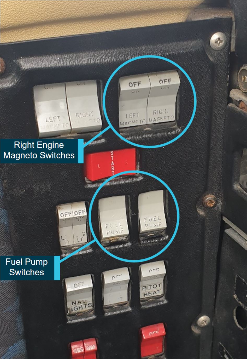 Cockpit layout of magneto and fuel pump switches. Source: Operator