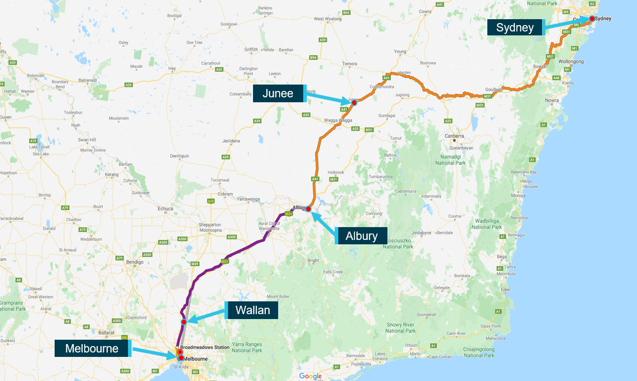 Figure 1: Train route from Sydney to Melbourne.Source: Google Maps, annotated by Chief Investigator, Transport Safety