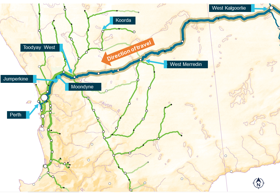 Figure 1: Kalgoorlie to Perth ARC Infrastructure network geography.Source: ARA Railways of Australia Map 2014, annotated by ATSB.
