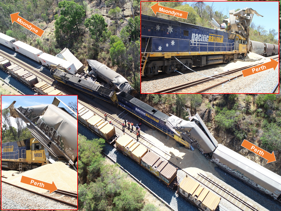 Figure 4: Accident site, lead locomotive of 7MP5 and last wagon of 2K66 post collision. Source: WA Police and ATSB, Annotated by the ATSB.