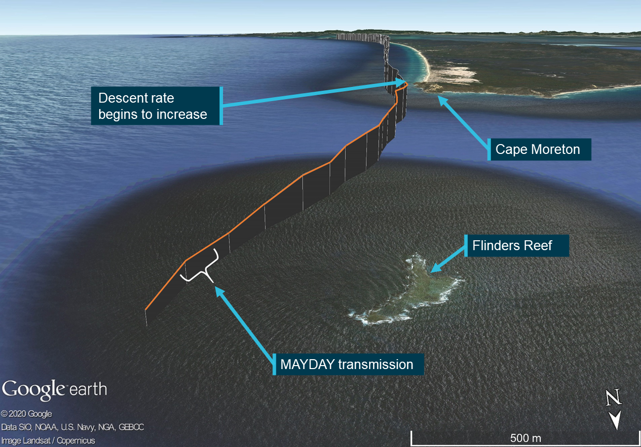Figure 2: Preliminary representation of the flight path of VH-WNR, near Flinders Reef.Source: Google Earth, modified by the ATSB.
