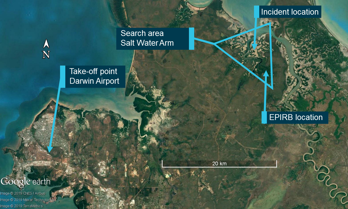 Figure 1: Map showing Darwin take-off point, search area, and location of incident event.<br />
Source: Google Earth annotated by the ATSB