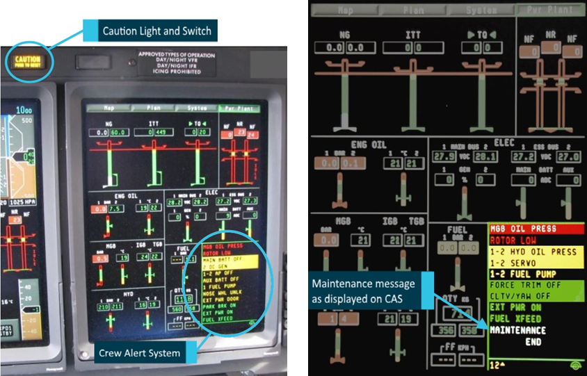 Figure 6: Exemplar caution light and maintenance message on CAS.<br />
Source: Leonardo Helicopters, annotated by the ATSB.