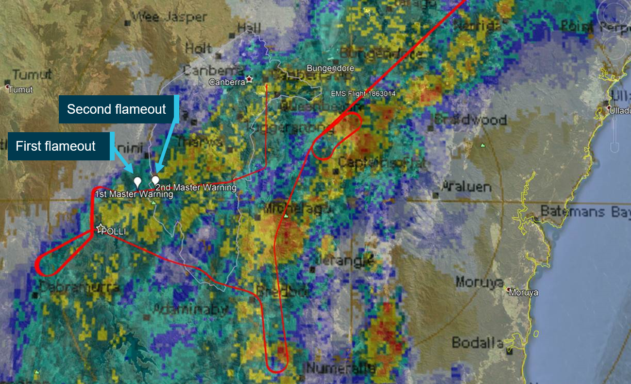 Figure 1: Radar image at time of flameouts.The radar image at 1854, about the time of the first flameout. Areas of yellow depict moderate rainfall with red depicting heavy rainfall. Source: PWC annotated by ATSB.