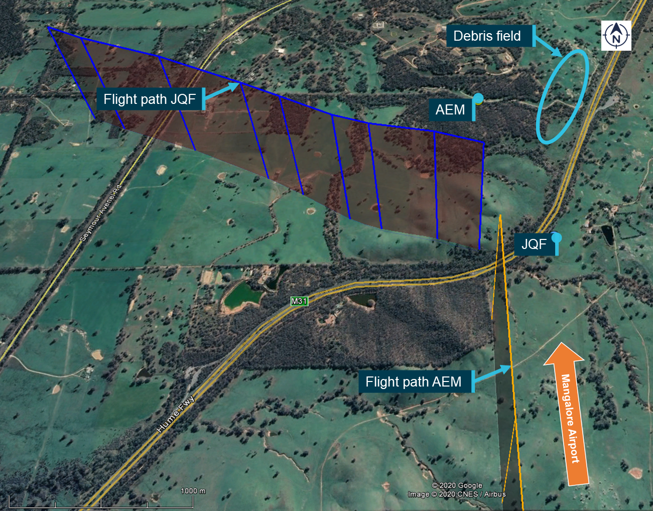 Figure 1: Flight path of AEM and JQF, and location of ground impact of both aircraft.<br />
Source: Google, modified by the ATSB