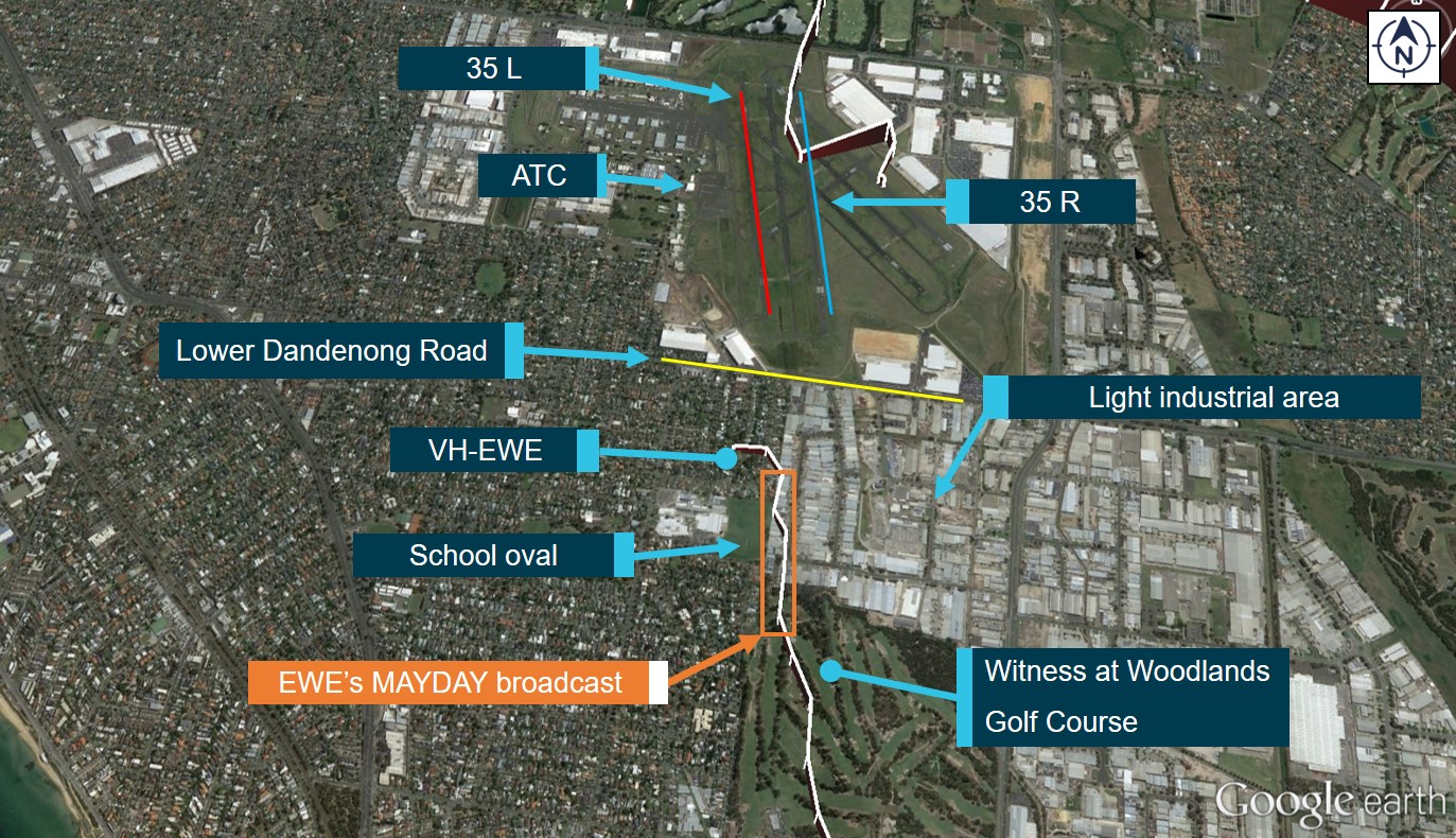 Figure 7: Overview of Moorabbin Airport vicinity showing VH-EWE departure and approach track.<br />
Source: Google Earth, modified by ATSB