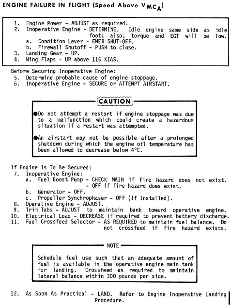 Figure 16: POH engine failure checklist.Source: Cessna 441 Pilot’s operating handbook