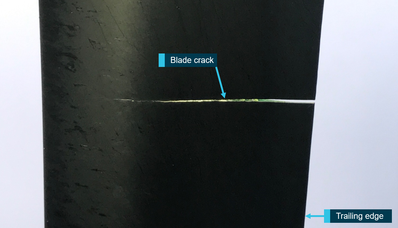 Figure 2: Closer view of the cracked main rotor blade from the lower surface.Source: North Australian Helicopters, annotated by ATSB