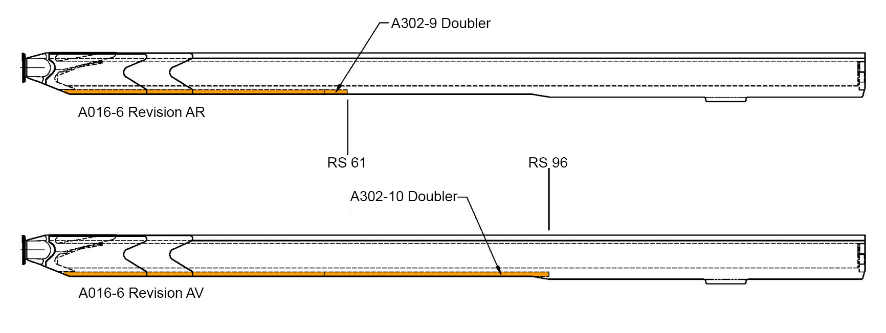 Figure 5: Robinson A016-6 blades showing the extended A302 trailing edge doubler (highlighted) in the latter Revision AV blades.<br />
For the newer Revision AV main rotor blades, the trailing edge doubler was extended outboard from rotor station 61 (near the point of cracking in this occurrence) to rotor station 96.<br />
Source: Robinson, modified by ATSB.