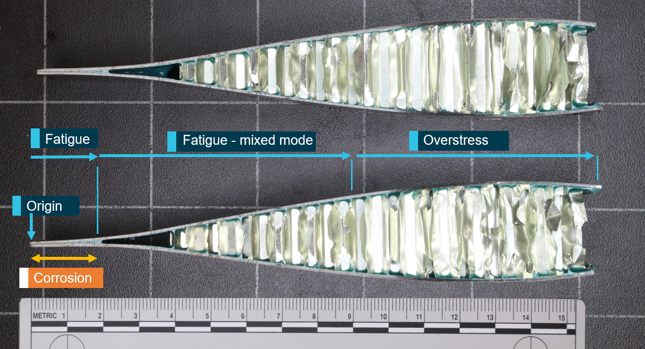 Figure 8: Fracture surface measurements of main rotor blade SN 0133.The cracked blade was cut open, exposing separate areas along the fracture surface; fatigue, fatigue mixed-mixed-mode and overstress. Corrosion was identified along the blade fracture surfaces up until the crack had reached approximately 16mm in length. Source: ATSB